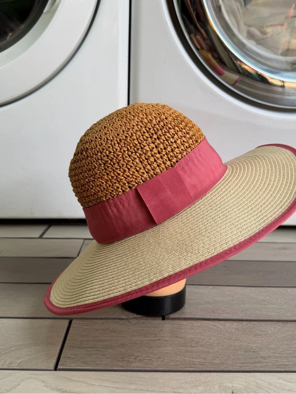 Halogen Wide Brim Sun Hat with Pink Trim and Natural Weave